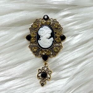 Cameo Pendant Gold Tone With  Black & Golden Crystals New